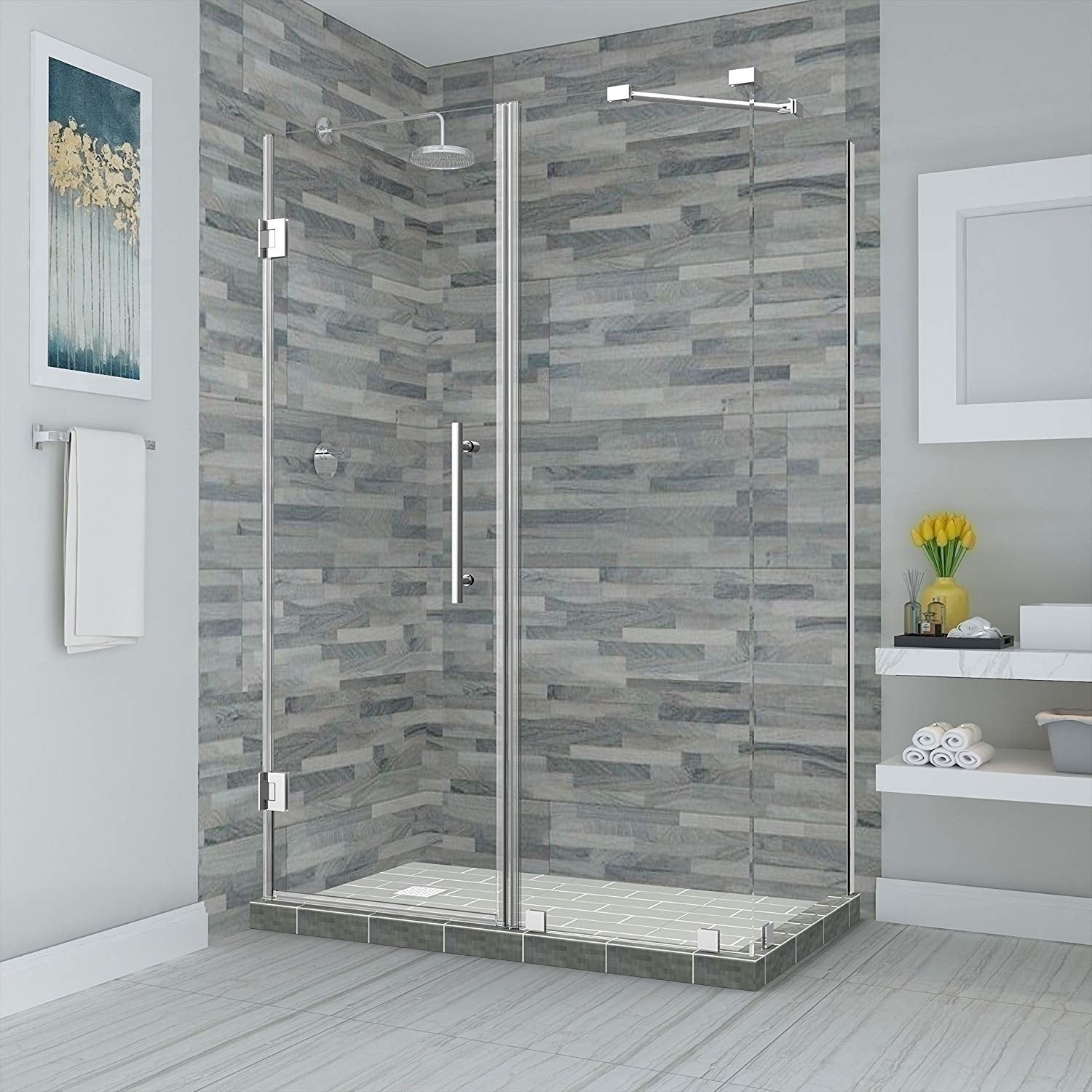 Aston Global, Aston Bromley 65.25 in. to 66.25 in. x 34.375 in. x 72 in. Frameless Corner Hinged Shower Enclosure in Chrome