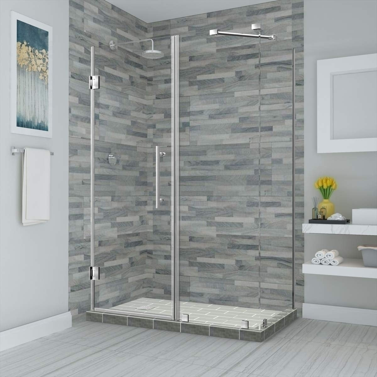 Aston Global, Aston Bromley 65.25 in. to 66.25 in. x 34.375 in. x 72 in. Frameless Corner Hinged Shower Enclosure in Stainless Steel