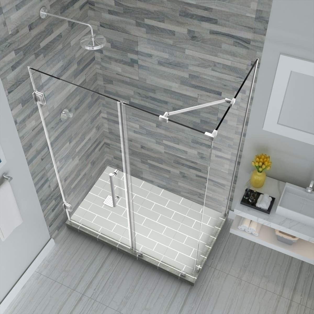 Aston Global, Aston Bromley 65.25 in. to 66.25 in. x 34.375 in. x 72 in. Frameless Corner Hinged Shower Enclosure in Stainless Steel