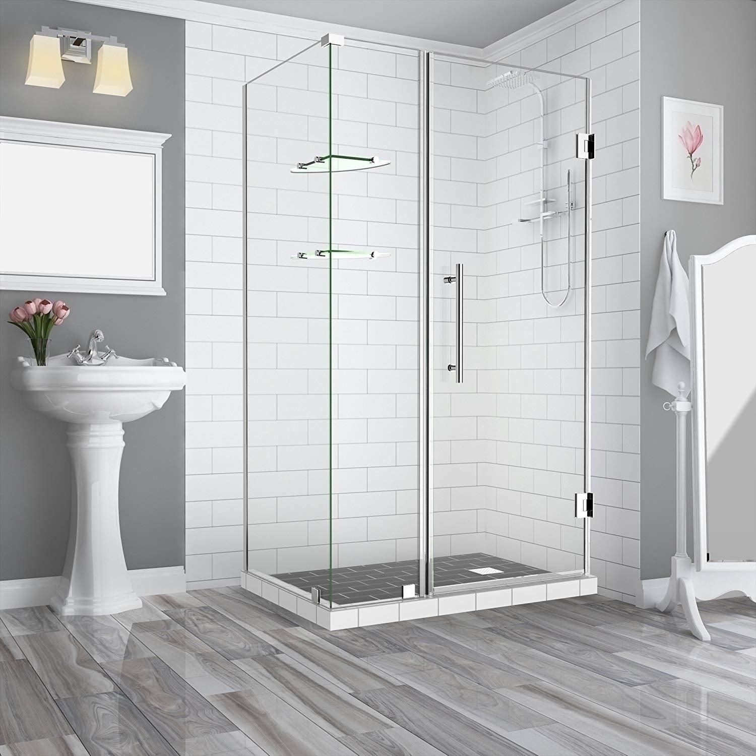 Aston Global, Aston BromleyGS 42.25 to 43.25 x 38.375 x 72 Frameless Corner Hinged Shower Enclosure with Glass Shelves in Chrome