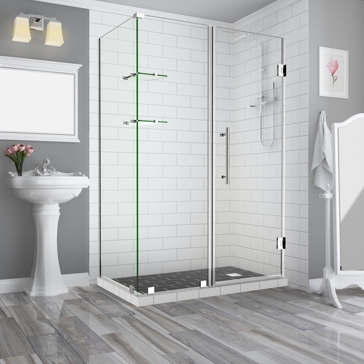 Aston Global, Aston BromleyGS 51.25 to 52.25 x 32.375 x 72 Frameless Corner Hinged Shower Enclosure with Glass Shelves in Chrome