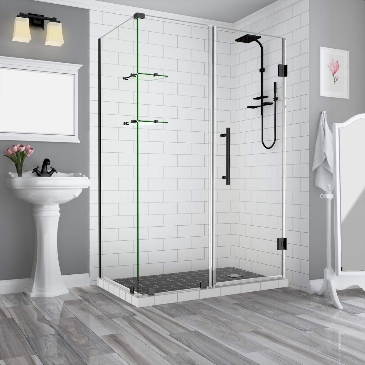 Aston Global, Aston BromleyGS 51.25 to 52.25 x 32.375 x 72 Frameless Corner Hinged Shower Enclosure with Glass Shelves in Oil Rubbed Bronze