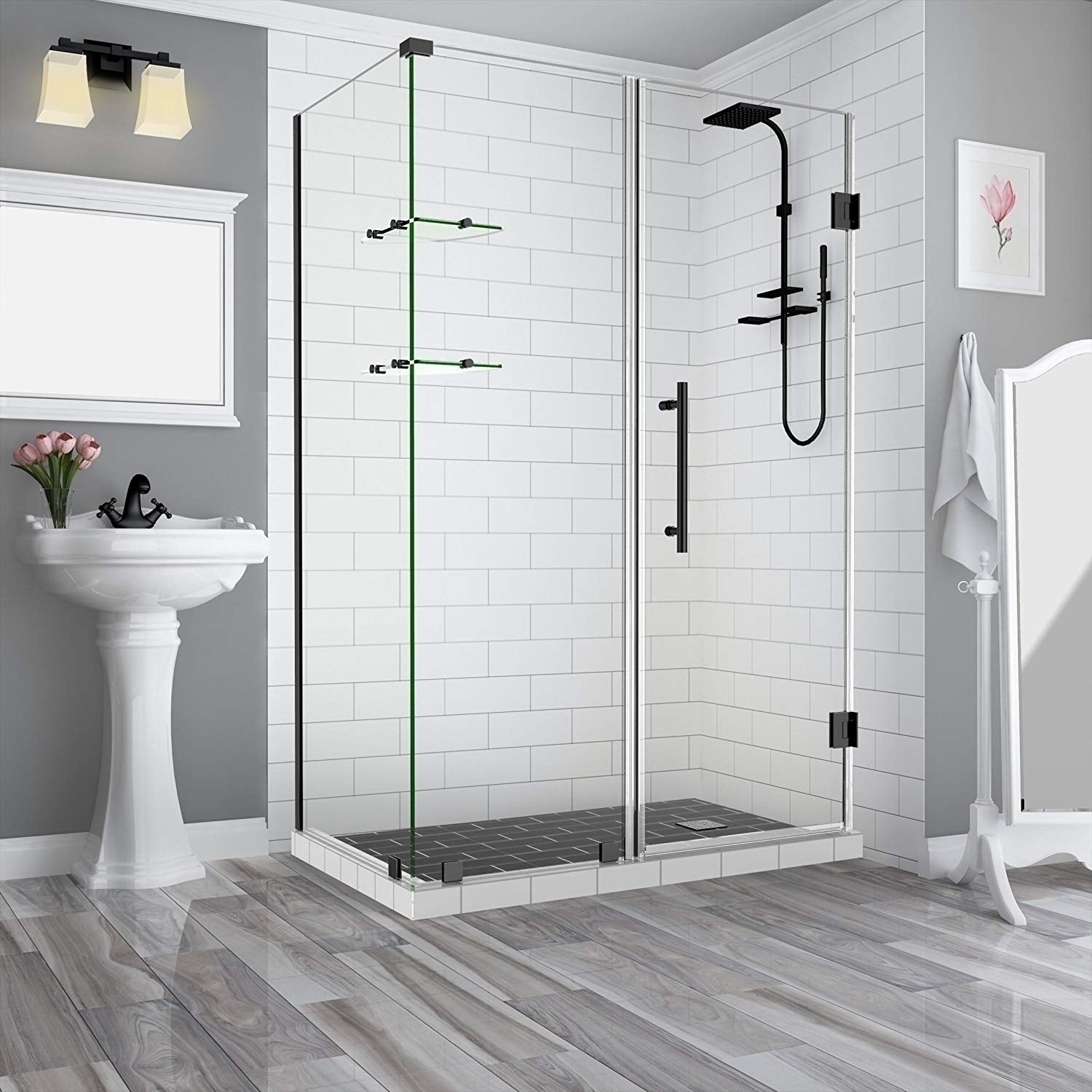 Aston Global, Aston BromleyGS 59.25 to 60.25 x 34.375 x 72 Frameless Corner Hinged Shower Enclosure with Glass Shelves in Oil Rubbed Bronze