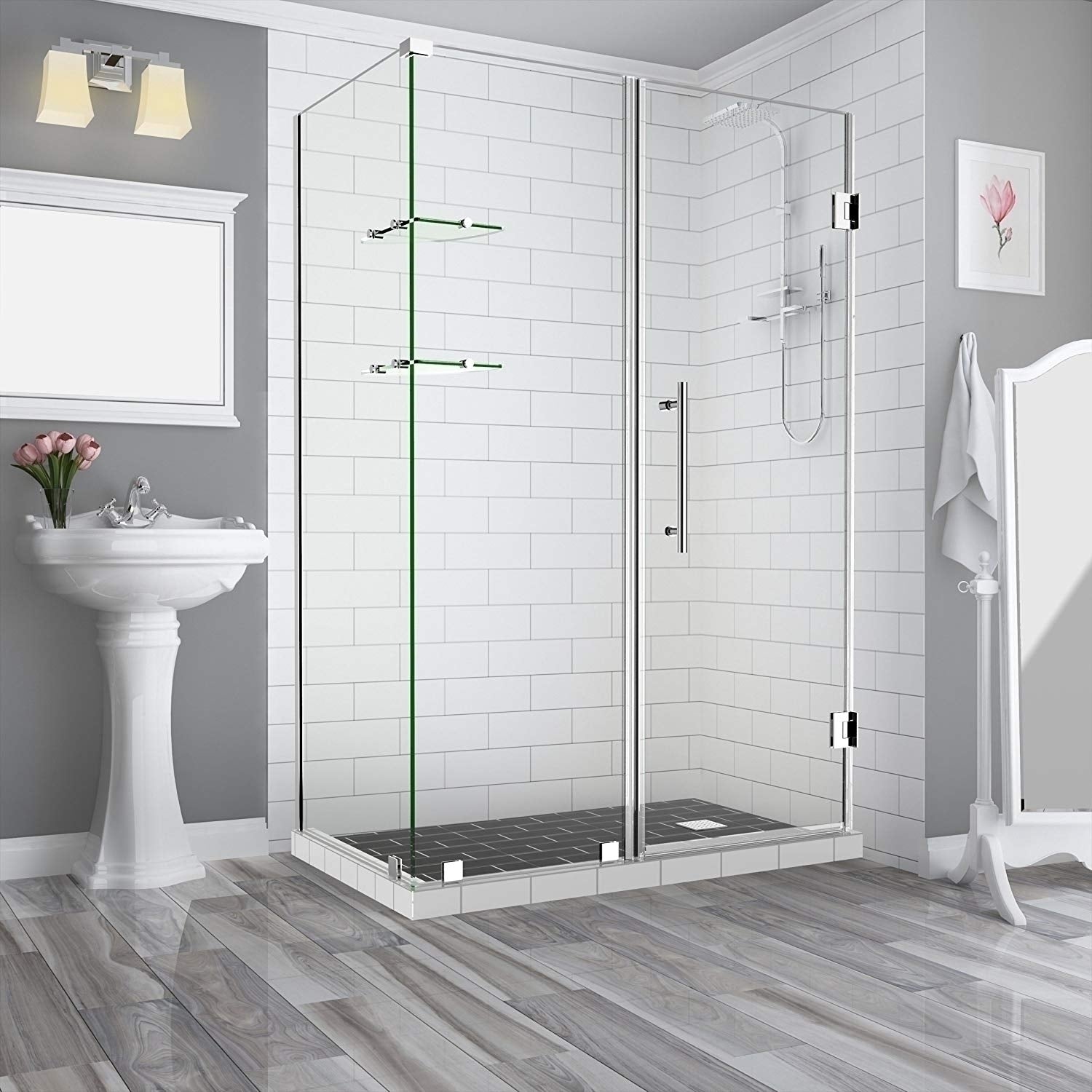 Aston Global, Aston BromleyGS 65.25 to 66.25 x 38.375 x 72 Frameless Corner Hinged Shower Enclosure with Glass Shelves in Chrome