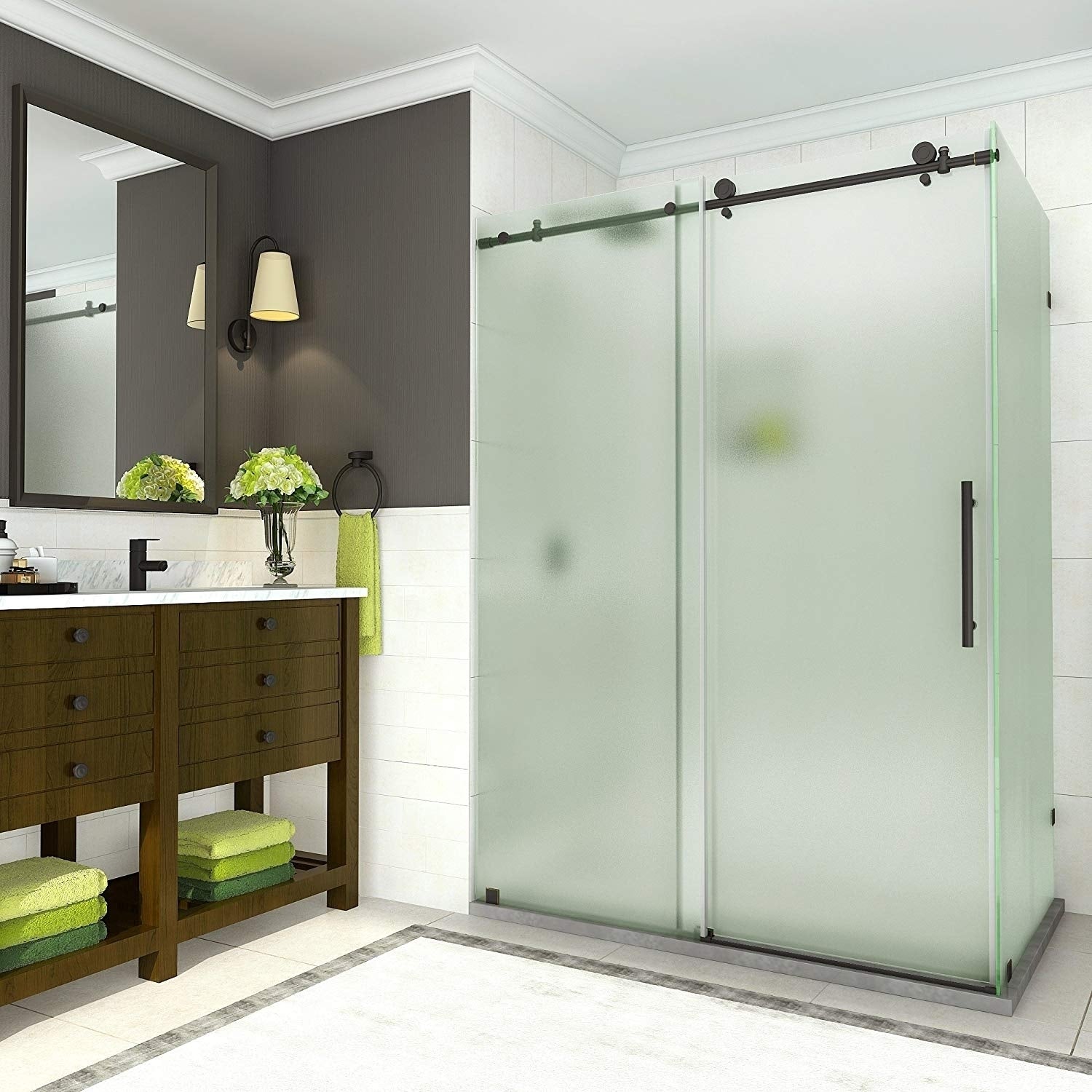 Aston Global, Aston Coraline 44 in. to 48 in. x 33.875 in. x 76 in. Frameless Sliding Shower Enclosure with Frosted Glass in Oil Rubbed Bronze