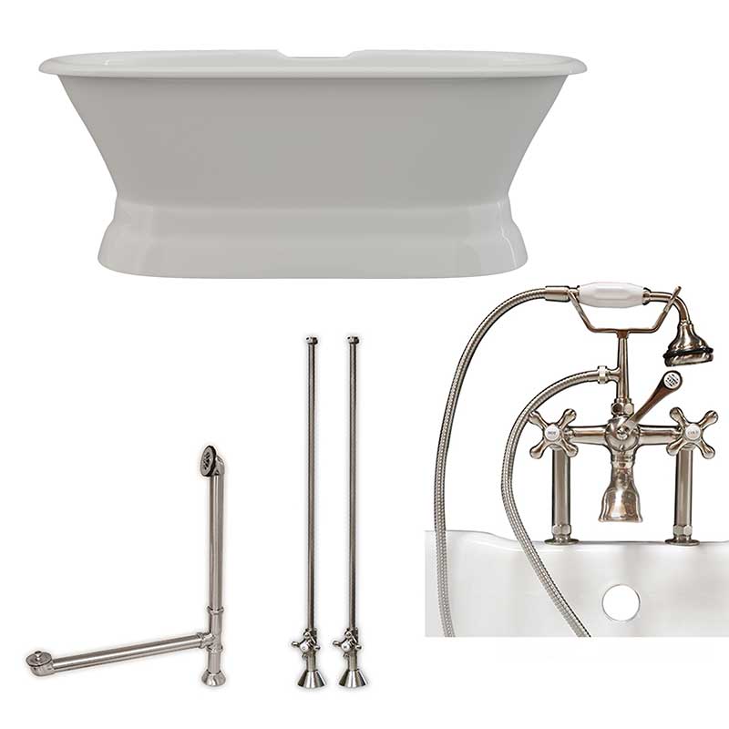 Cambridge Plumbing, Cambridge Plumbing 66 Inch Cast Iron Dual Ended Pedestal Bathtub with Deckmount faucet drillings Complete plumbing package in Brushed Nickel