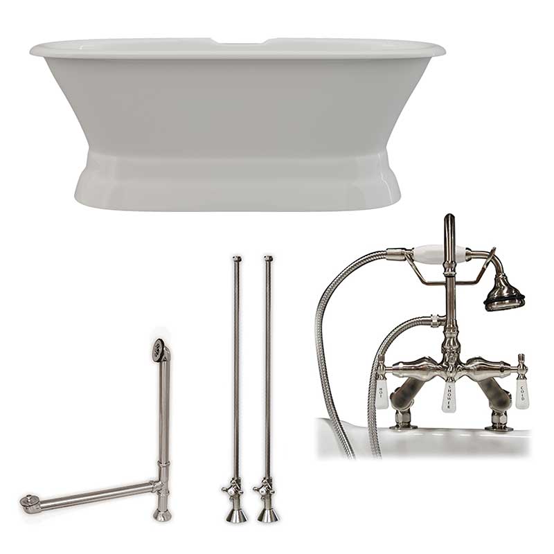 Cambridge Plumbing, Cambridge Plumbing 66 Inch Cast Iron Dual Ended Pedestal Bathtub with Deckmount faucet drillings Complete plumbing package in Brushed Nickel