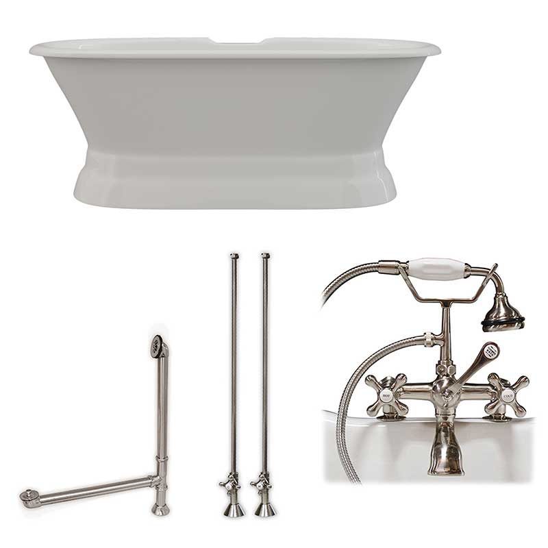 Cambridge Plumbing, Cambridge Plumbing 66 Inch Cast Iron Dual Ended Pedestal Bathtub with Deckmount faucet drillings Complete plumbing package in Brushed Nickel