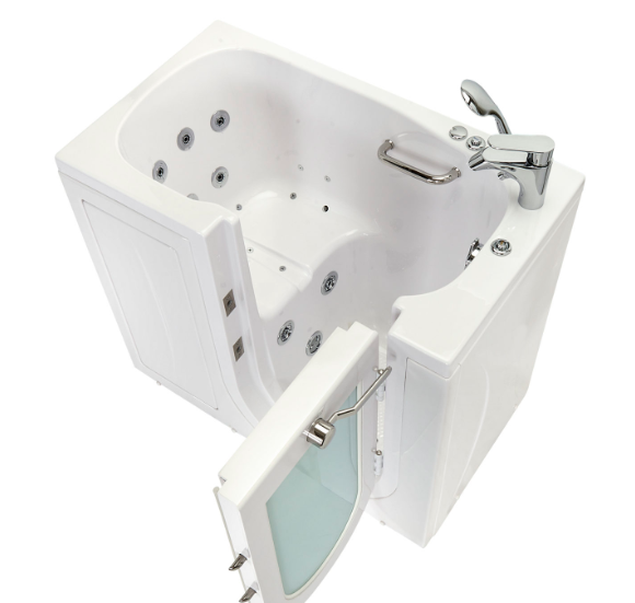 BathTubsPlus, Ella Mobile 26"x45" Acrylic Hydro and Hydro (Foot Massage) Walk-In Bathtub with Left Outward Swing Door, 2 Piece Fast Fill Faucet, 2"  Drain