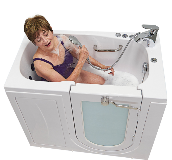 BathTubsPlus, Ella Mobile 26"x45" Acrylic Hydro and Hydro (Foot Massage) Walk-In Bathtub with Left Outward Swing Door, 2 Piece Fast Fill Faucet, 2"  Drain