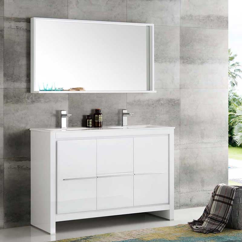 Fresca Bath, Fresca Allier 48" White Modern Double Sink Bathroom Vanity with Mirror