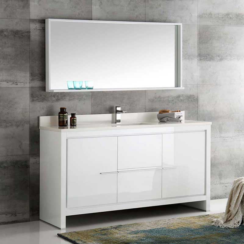 Fresca Bath, Fresca Allier 60" White Modern Single Sink Bathroom Vanity with Mirror