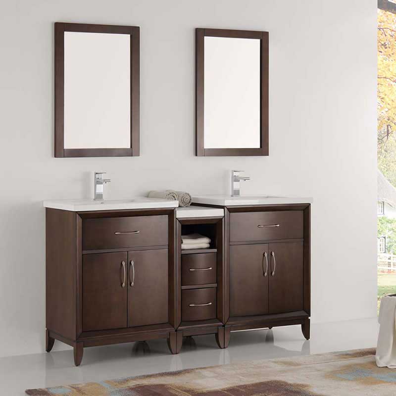 Fresca Bath, Fresca Cambridge 60" Antique Coffee Double Sink Traditional Bathroom Vanity with Mirrors