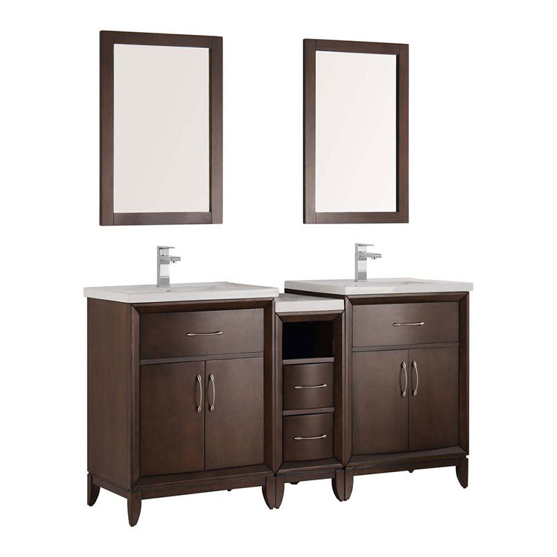 Fresca Bath, Fresca Cambridge 60" Antique Coffee Double Sink Traditional Bathroom Vanity with Mirrors