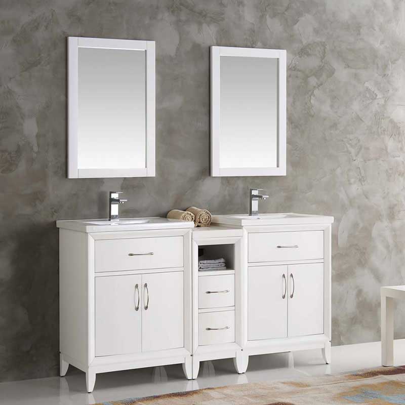 Fresca Bath, Fresca Cambridge 60" White Double Sink Traditional Bathroom Vanity with Mirrors